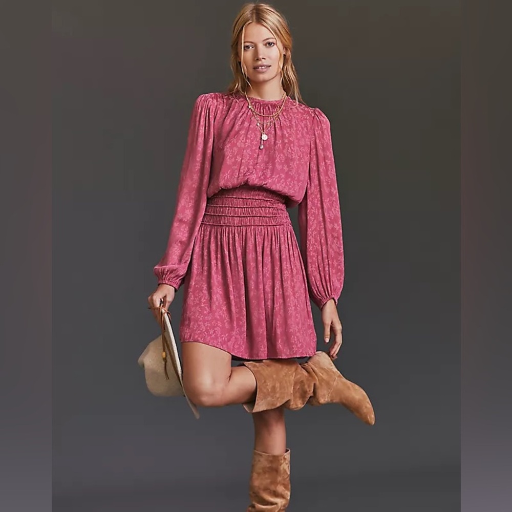 Anthropologie Current Air Elegant Pink Long-Sleeve Smocked Mini Dress